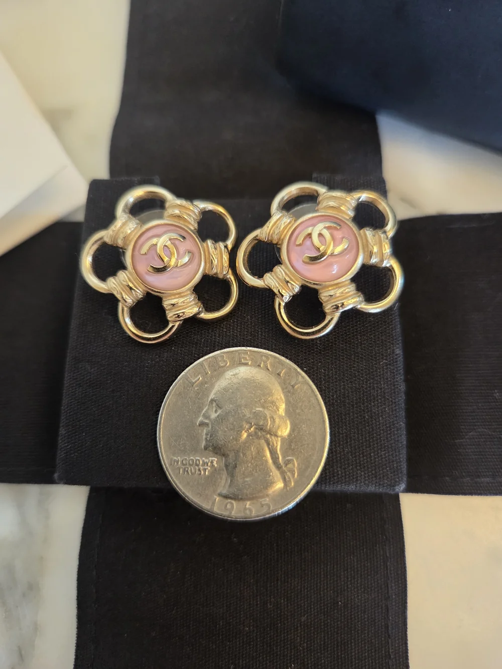 CHANEL Pink Camellia Logo Gold-Tone Stud Earrings Opalesque Swirl Statement Stud - Picture 2 of 15
